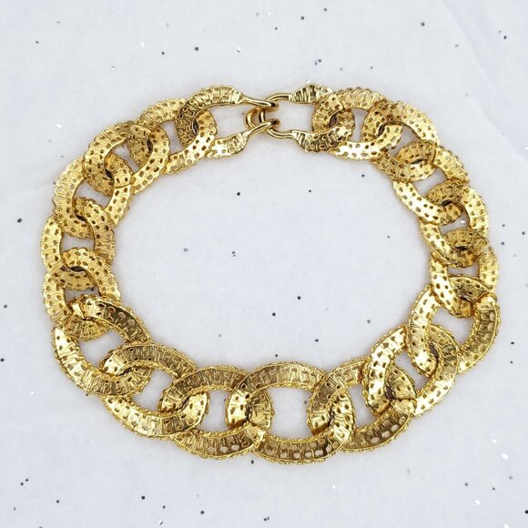 Vintage Chunky Link Necklace Textured Gold Tone Bold Statement Hollywood Glam - Picture 4 of 6